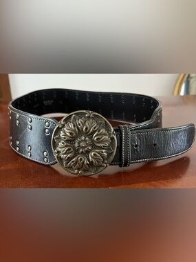 Y2K Whimsigoth KUDOS Leather Waist Belt Large Antiqued Brass Rosette Buckle